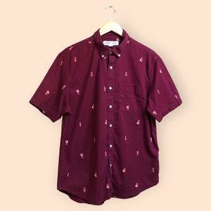 Old Navy Slim Fit Built-In Flex Oxford Shirt Cactus Print Burgundy MENS Large